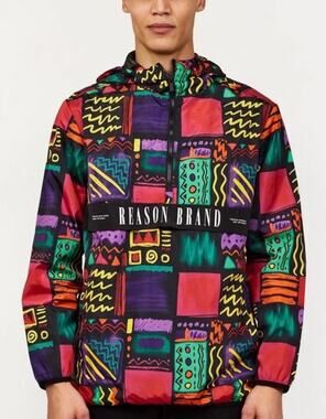 Reason Brand Retro 90s Abstract Print Pullover Windbreaker Jacket Size Large